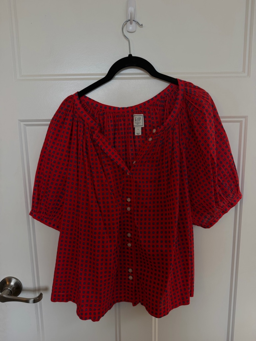 Gap x Doen Red Printed Button-Front Peasant Blouse